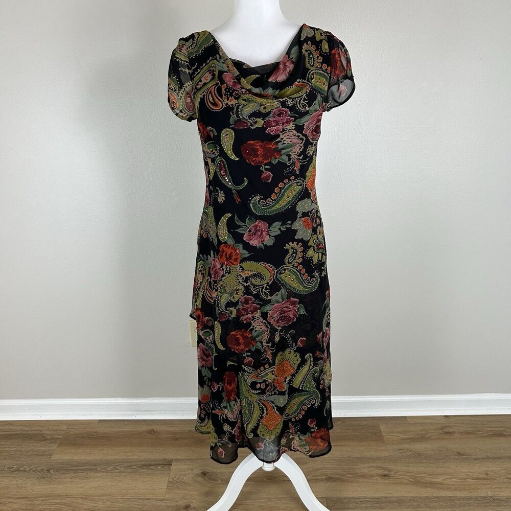 Midi Dress 90s Fairy Grunge M Paisley Cowl Drape Beaded Embellished Layered
